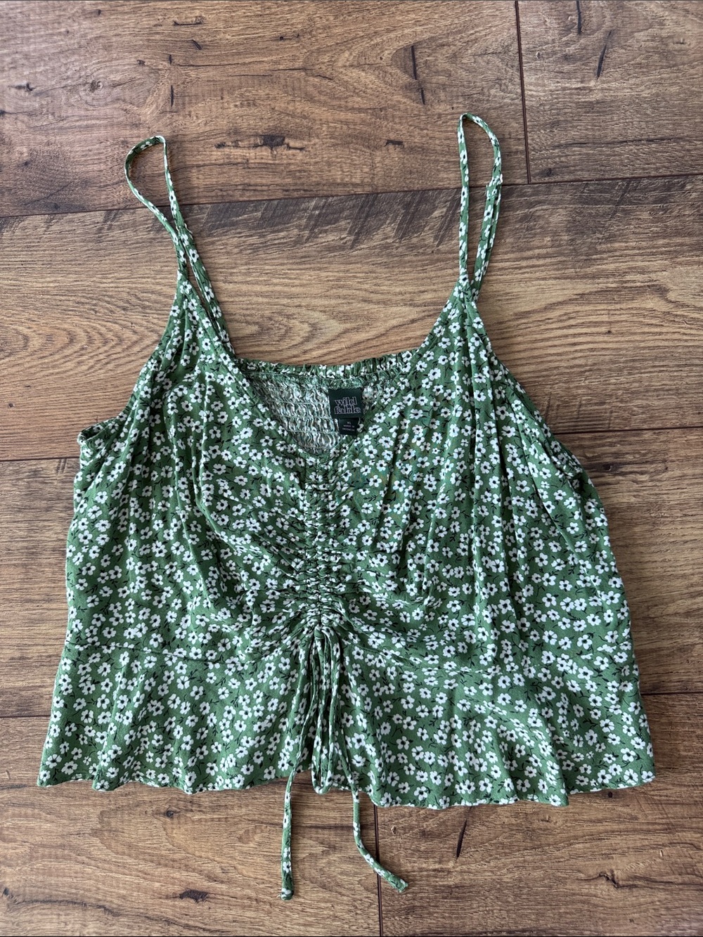 Green Floral Ruched Front Spaghetti Strap Top